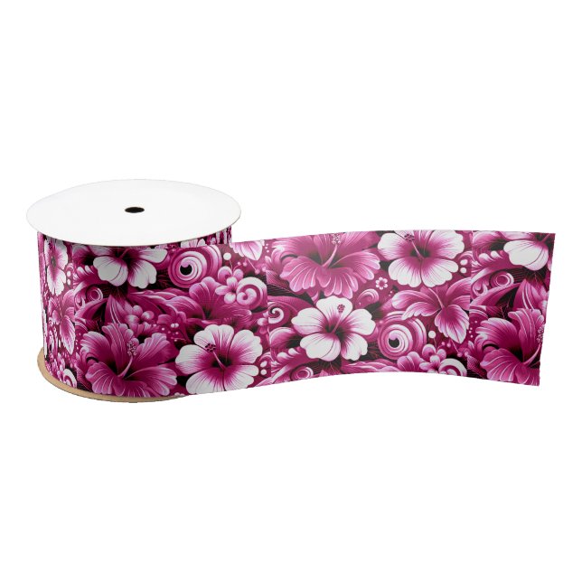 Ruban En Satin Fleurs hawaïennes tropicales Hibiscus Motif rose (Bobine)