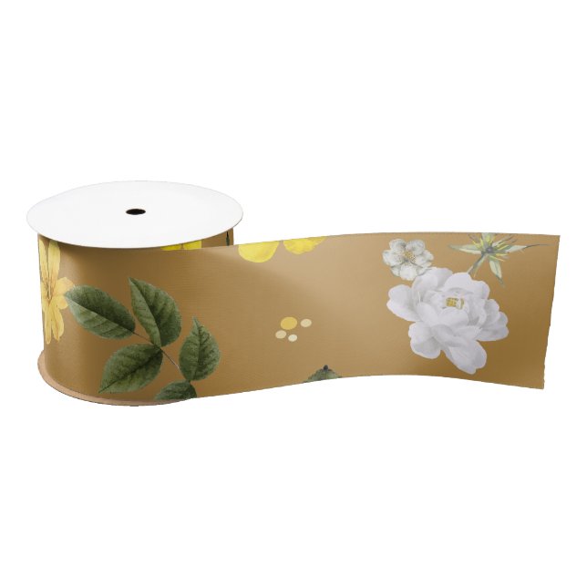 Ruban En Satin Fleurs jaunes et roses blanches 4 (Bobine)