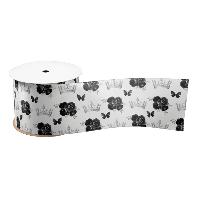 Ruban En Satin Fleurs noires et Couronnes d'argent (Bobine)