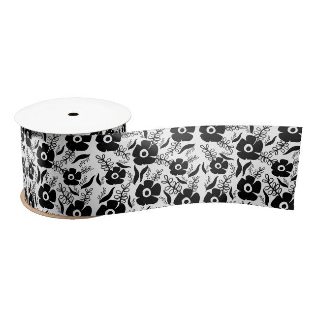 Ruban En Satin Fleurs Noires Sur Fond Blanc (Bobine)