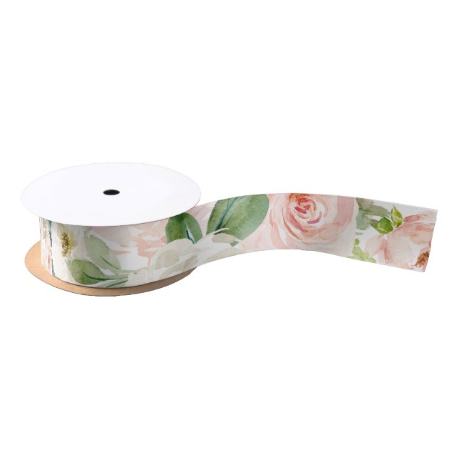 Ruban En Satin Fleurs rose saumon aquarelle (Bobine)