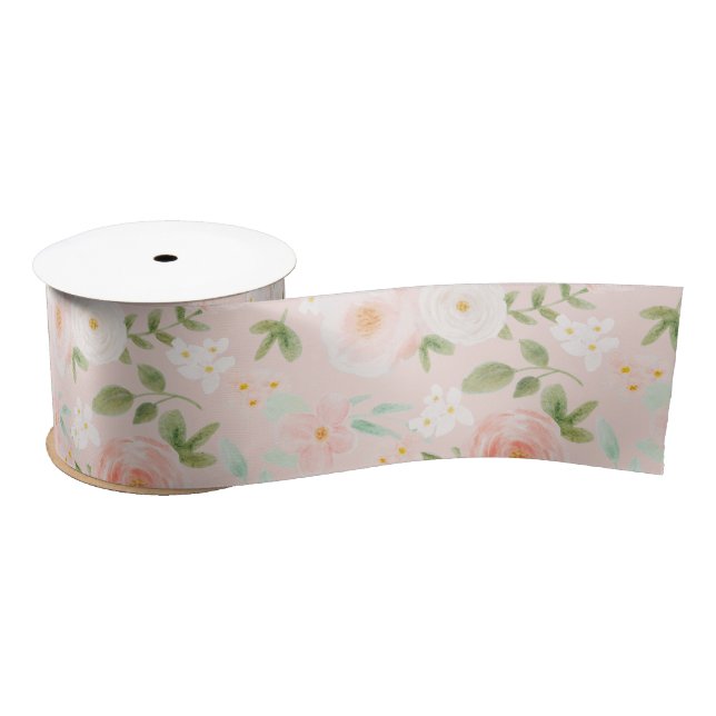 Ruban En Satin Fleurs Roses d'aquarelle en rose et en rose (Bobine)