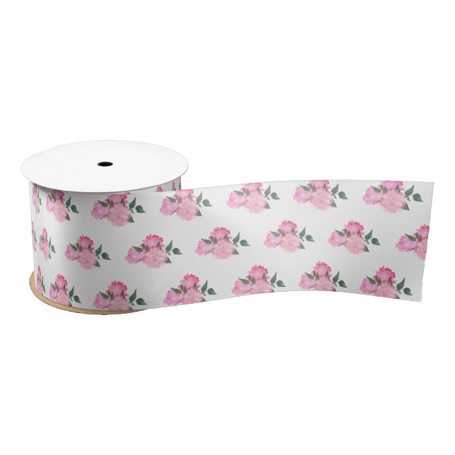 Ruban En Satin Fleurs roses et Motif de verdure (Bobine)