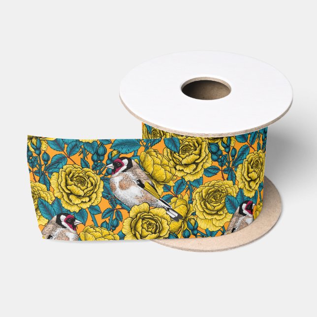 Ruban En Satin Fleurs roses et oiseaux dorés (Bobine)