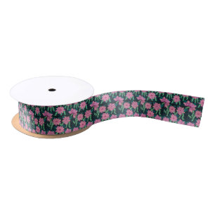 Ruban En Satin Fleurs roses sur noir