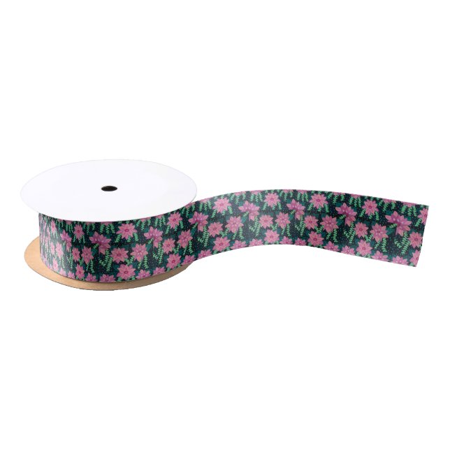 Ruban En Satin Fleurs roses sur noir (Bobine)