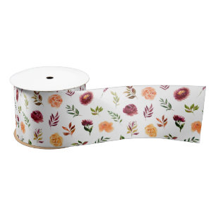 Ruban En Satin Fleurs rouges et orange avec motif de feuillage