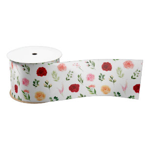 Ruban En Satin Fleurs rouges et oranges avec motif de feuillage