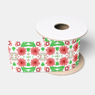 Ruban En Satin Fleurs Rouges Fantaisistes Feuilles Vertes Sur Fon