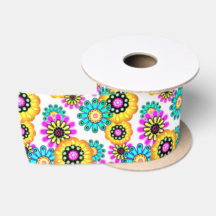Ruban En Satin Fleurs rustique rétro jaune et turquoise