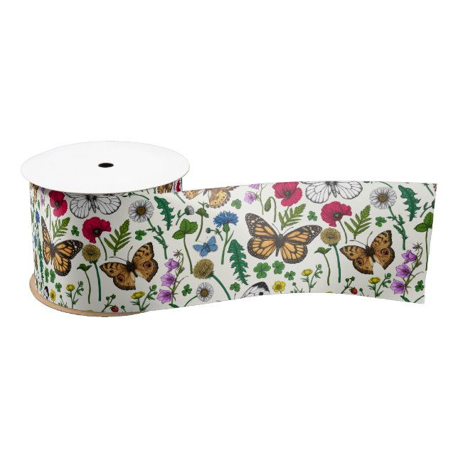 Ruban En Satin Fleurs sauvages et papillons sur blanc (Bobine)