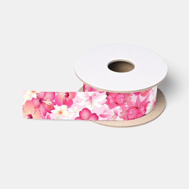 Ruban En Satin Fleurs tropicales rose et blanche (Bobine)