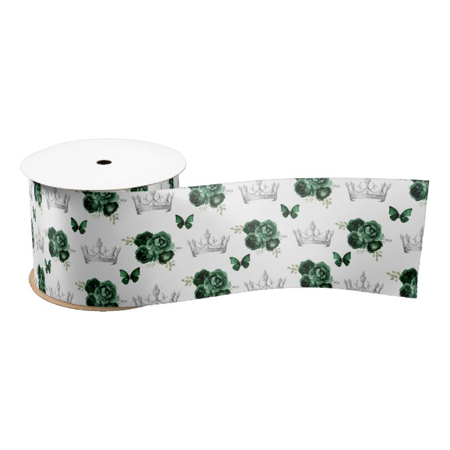 Ruban En Satin Fleurs vert foncé et couronnes argentées (Bobine)