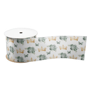 Ruban En Satin Fleurs vert sauge et couronnes dorées