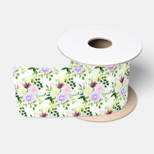 Ruban En Satin Fleurs violettes de printemps avec feuillage