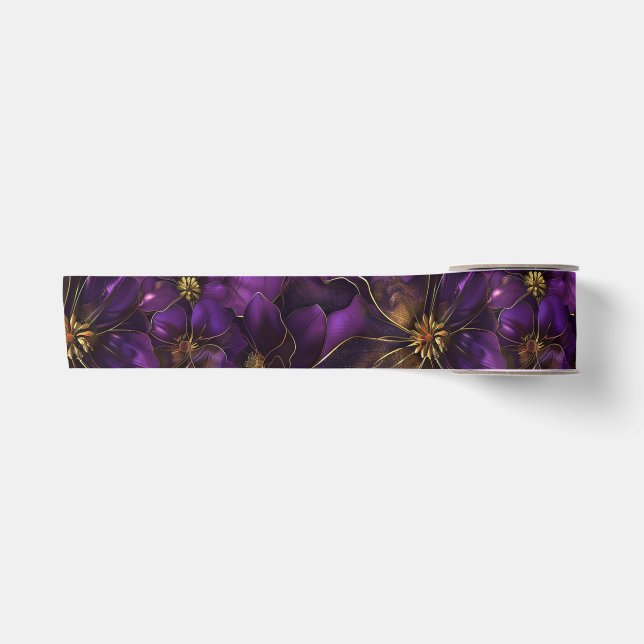 Ruban En Satin Fleurs violettes et dorées (Devant)