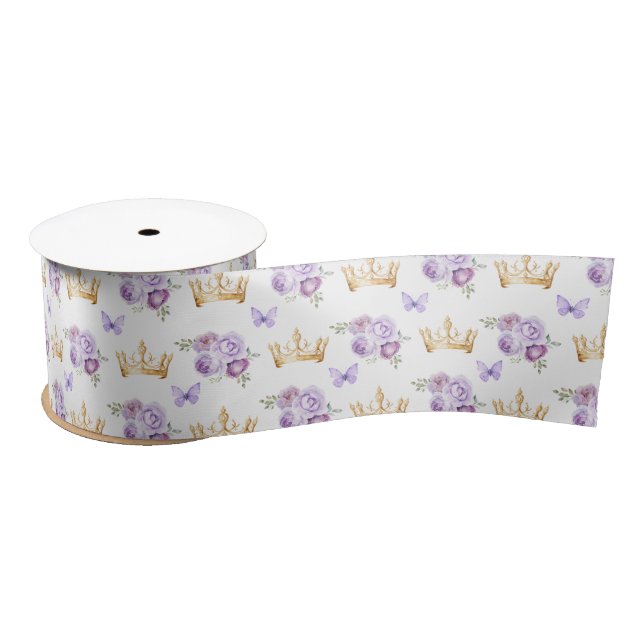 Ruban En Satin Fleurs violettes Lilac et Couronnes d'or (Bobine)