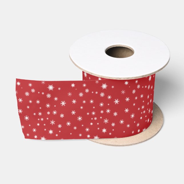 Ruban En Satin Flocons blancs sur fond rouge (Bobine)
