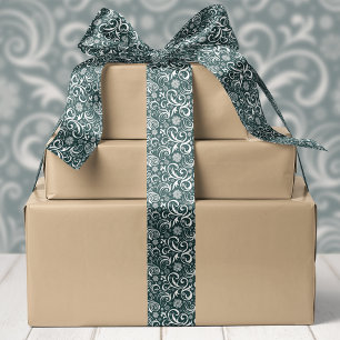 Ruban En Satin Flocons de neige et spirales vert foncé Noël