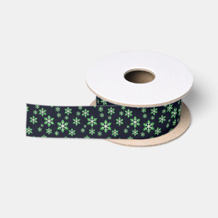 Ruban En Satin Flocons de neige verts et blancs sur fond bleu