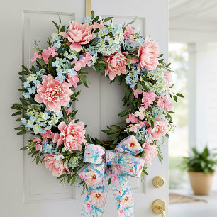 Ruban En Satin Floral aquarelle rose et bleu