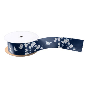 Ruban En Satin Floral Cerisier Fleurs Marine Bleu Blanc