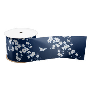 Ruban En Satin Floral Cerisier Fleurs Marine Bleu Blanc