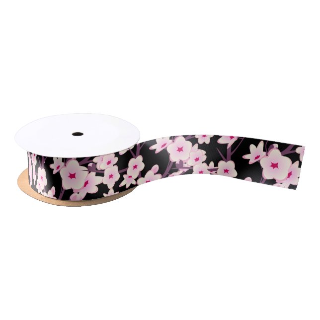 Ruban En Satin Floral Cherry Blossoms Pink Black (Bobine)