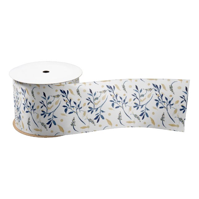 Ruban En Satin Floral d'aquarelle marine et or (Bobine)