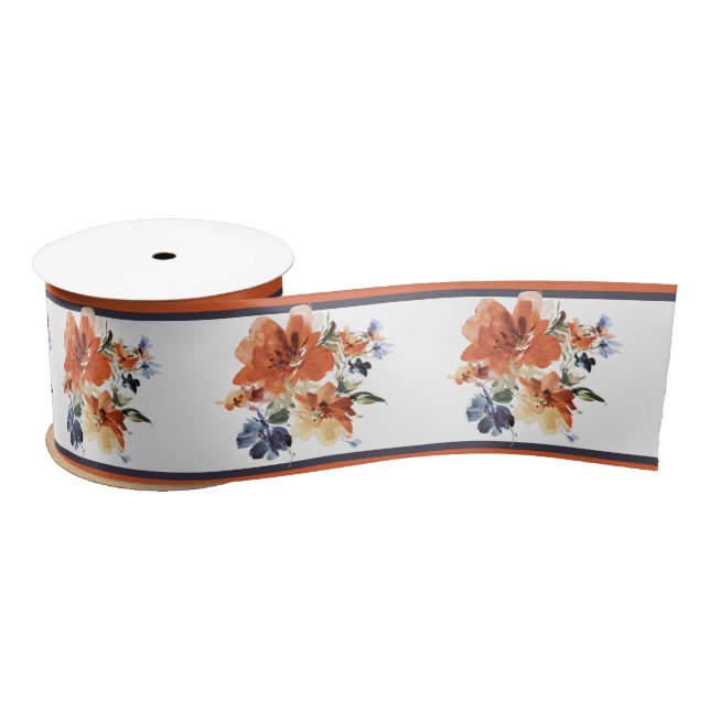 Ruban En Satin Floral orange et bleu (Bobine)