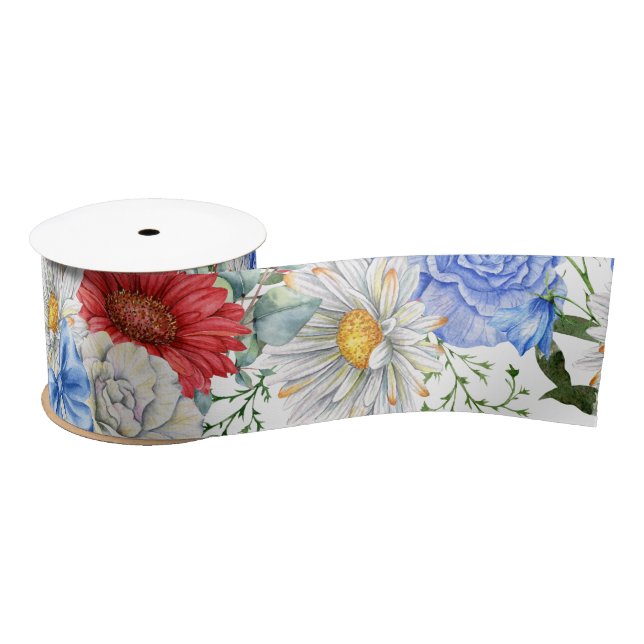 Ruban En Satin Flore rouge blanc et bleu (Bobine)