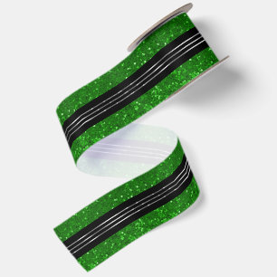 Ruban En Satin Fond pailleté vert noir avec bandes argentées bril