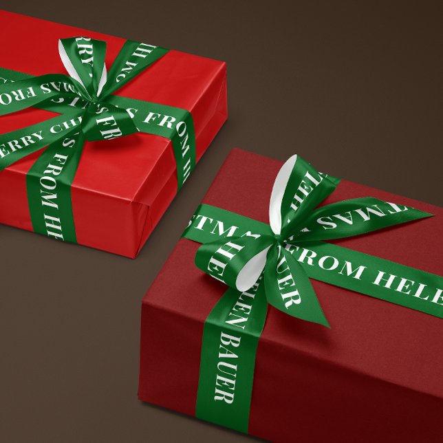 Ruban En Satin Forest Green Simple Text Merry Christmas Gift (personalized green and white Merry Christmas gift ribbon with name)