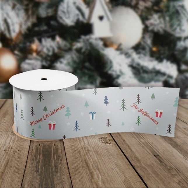 Ruban En Satin Forêt de Noël scandinave (Custom Scandinavian Christmas snow forest ribbon with your greeting and name.)