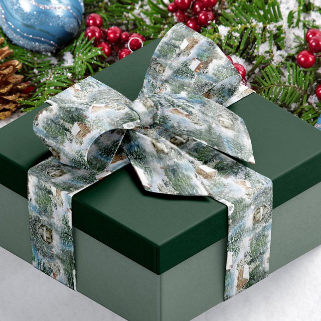 Ruban En Satin Forêt neigeuse Bois rustique Cabines Noël (Créateur téléchargé)