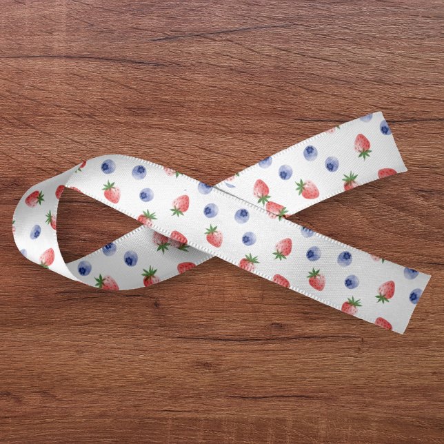 Ruban En Satin Fraise Blueberry Motif Berry Sweet White (Strawberry Blueberry Pattern Berry Sweet White Satin Ribbon
)