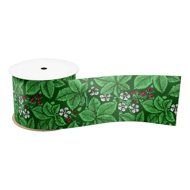Ruban En Satin Fraises et Feuilles Art Nouveau, Emerald Green (Bobine)