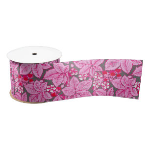 Ruban En Satin Fraises et Feuilles Art Nouveau, rose et gris