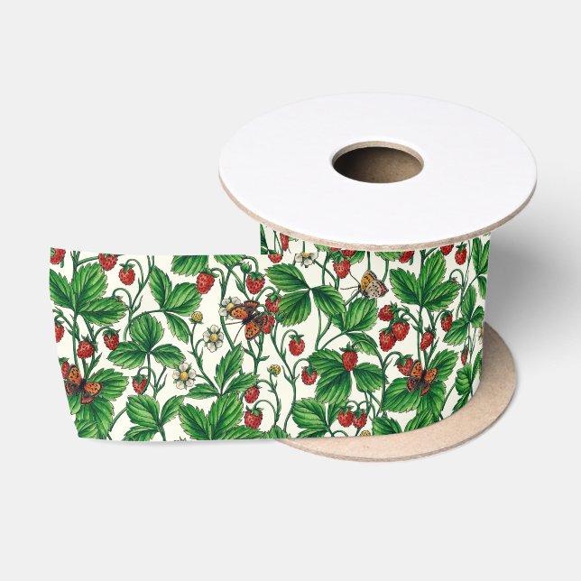 Ruban En Satin Fraises sauvages sur blanc (Bobine)