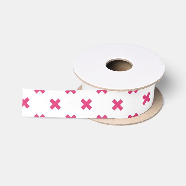Ruban En Satin Fuchsia croix sur le blanc (Bobine)