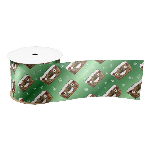 Ruban En Satin Funky Noël Fruitcake Motif Vert (Bobine)