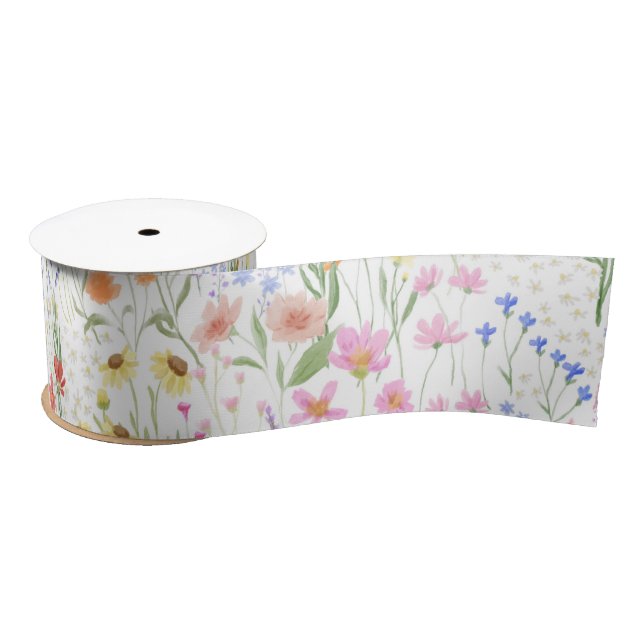 Ruban En Satin Garden light Background Wildflowers Floral Pattern (Bobine)
