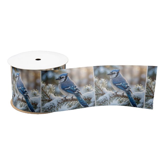 Ruban En Satin Geai bleu perché sur un pin enneigé  (Bobine)