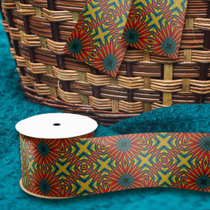 Ruban En Satin Géométrique rouge bleu et jaune Vintage Tribal Eth