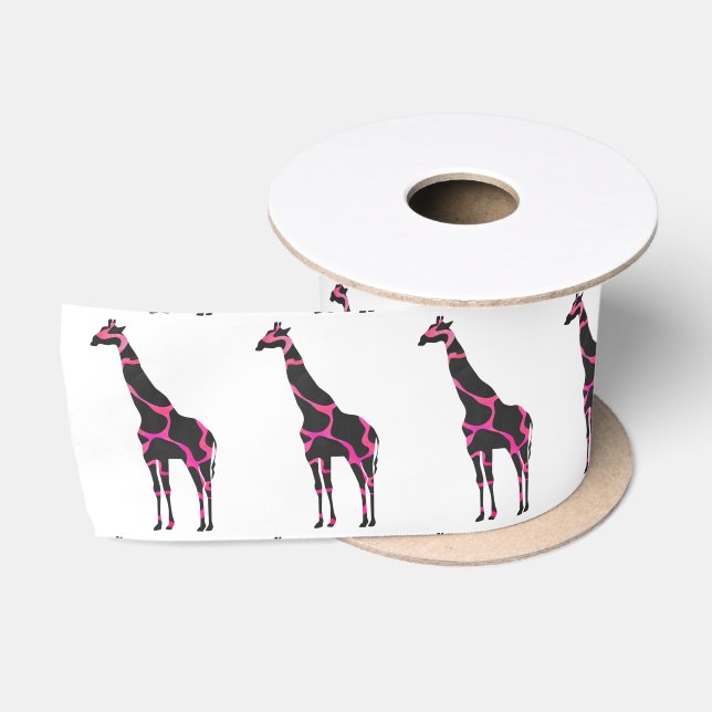 Ruban En Satin Giraffe Rose chaud et Silhouette noire (Bobine)