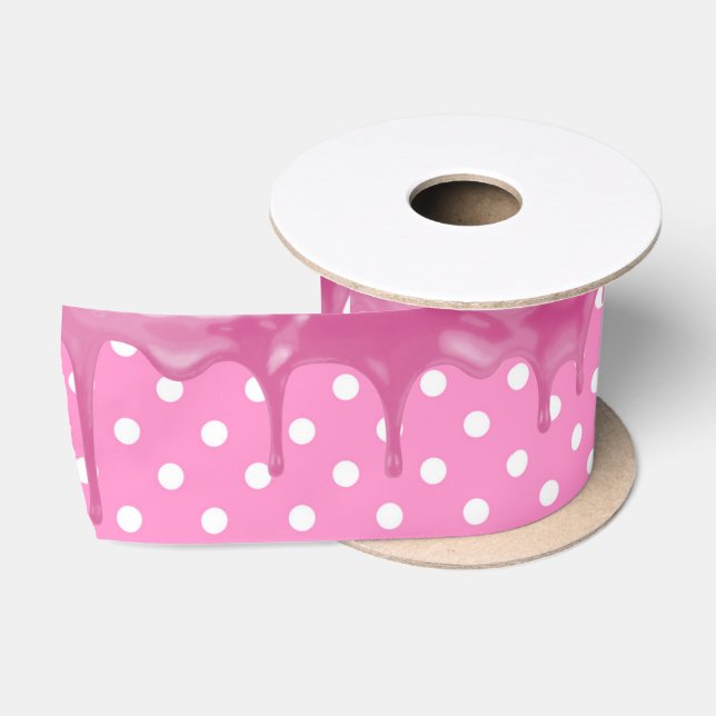 Ruban En Satin Glaçage rose sur pois  (Bobine)