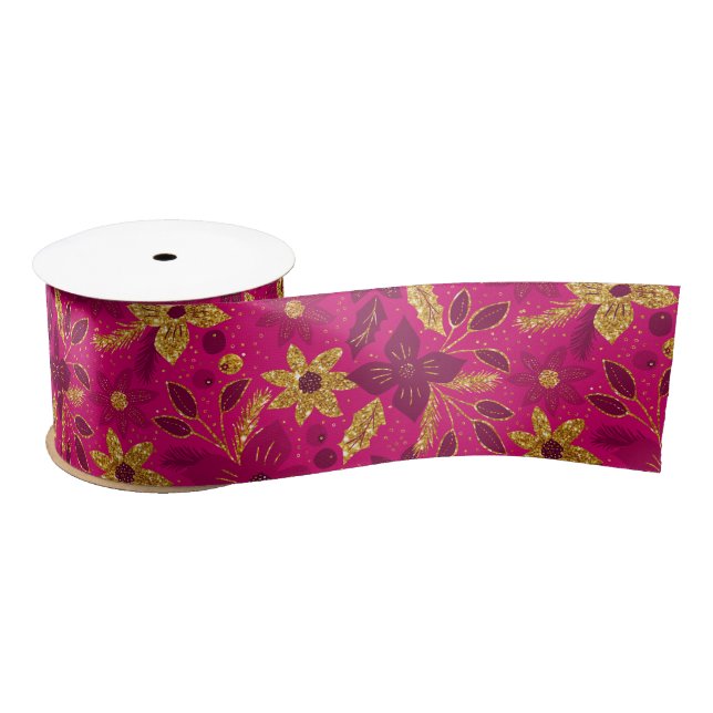 Ruban En Satin Gold and Pink Christmas Poinsettia Flowers (Bobine)