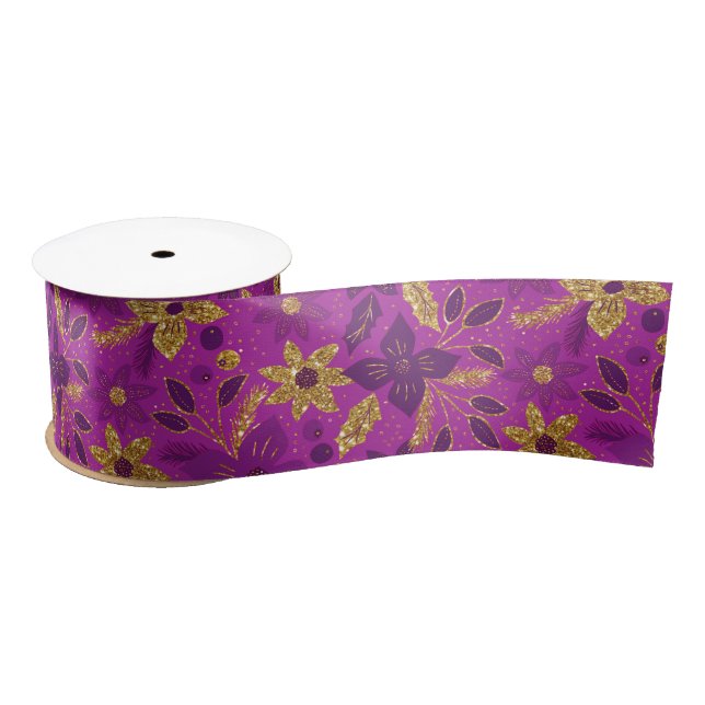 Ruban En Satin Gold and Purple Christmas Poinsettia Flowers (Bobine)