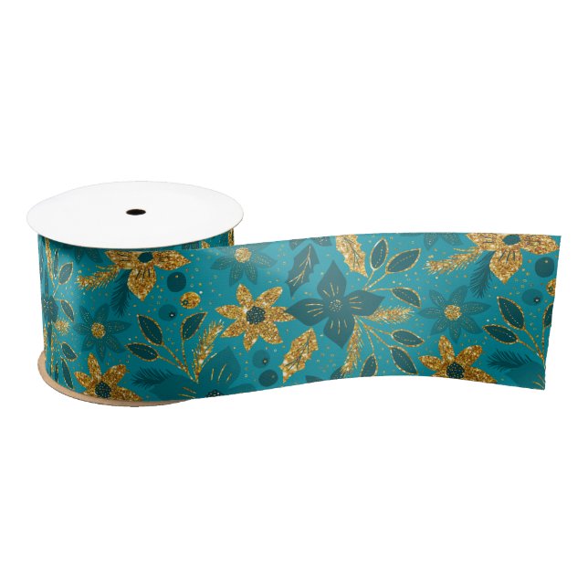 Ruban En Satin Gold and Teal Blue Christmas Poinsettia Flowers (Bobine)
