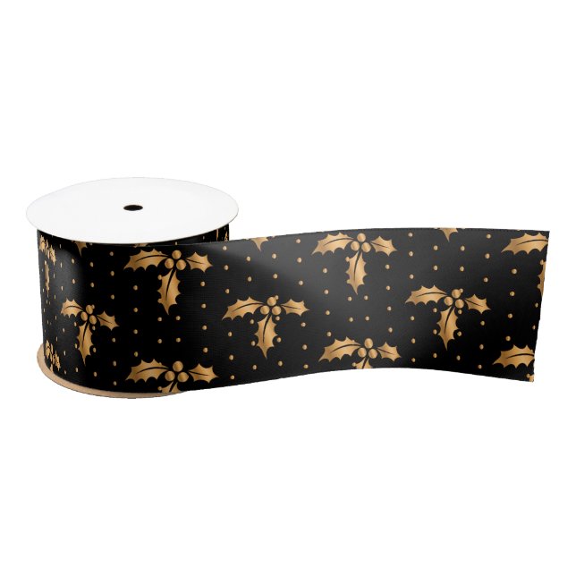 Ruban En Satin Gold et Black Christmas Holly (Bobine)